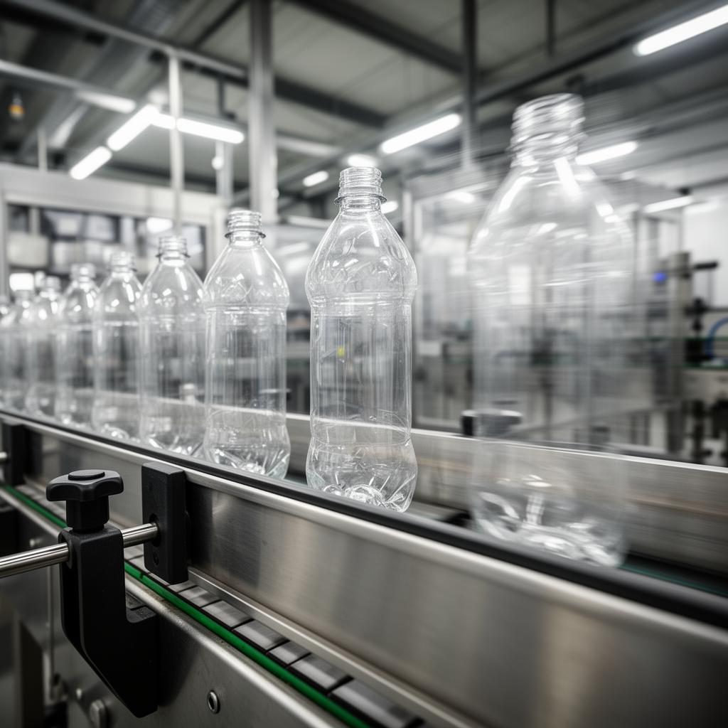 Clear PET bottles on a modern packaging production line