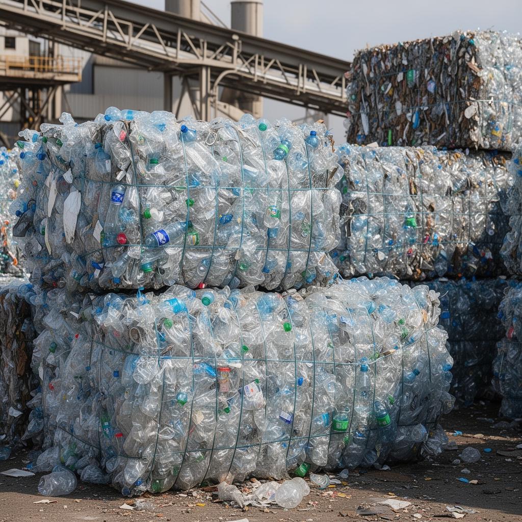 Baled post-consumer PET waste at a recycling facility