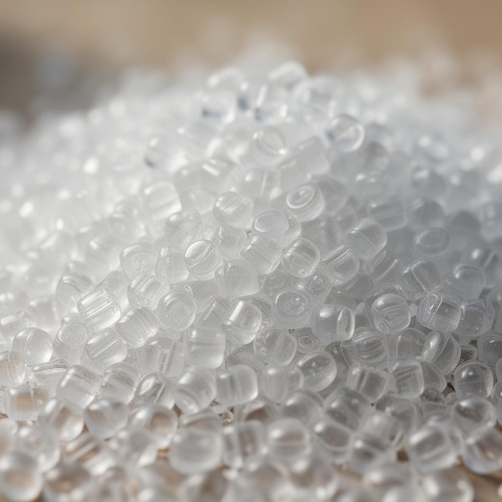 Close-up of clean translucent rPET pellets